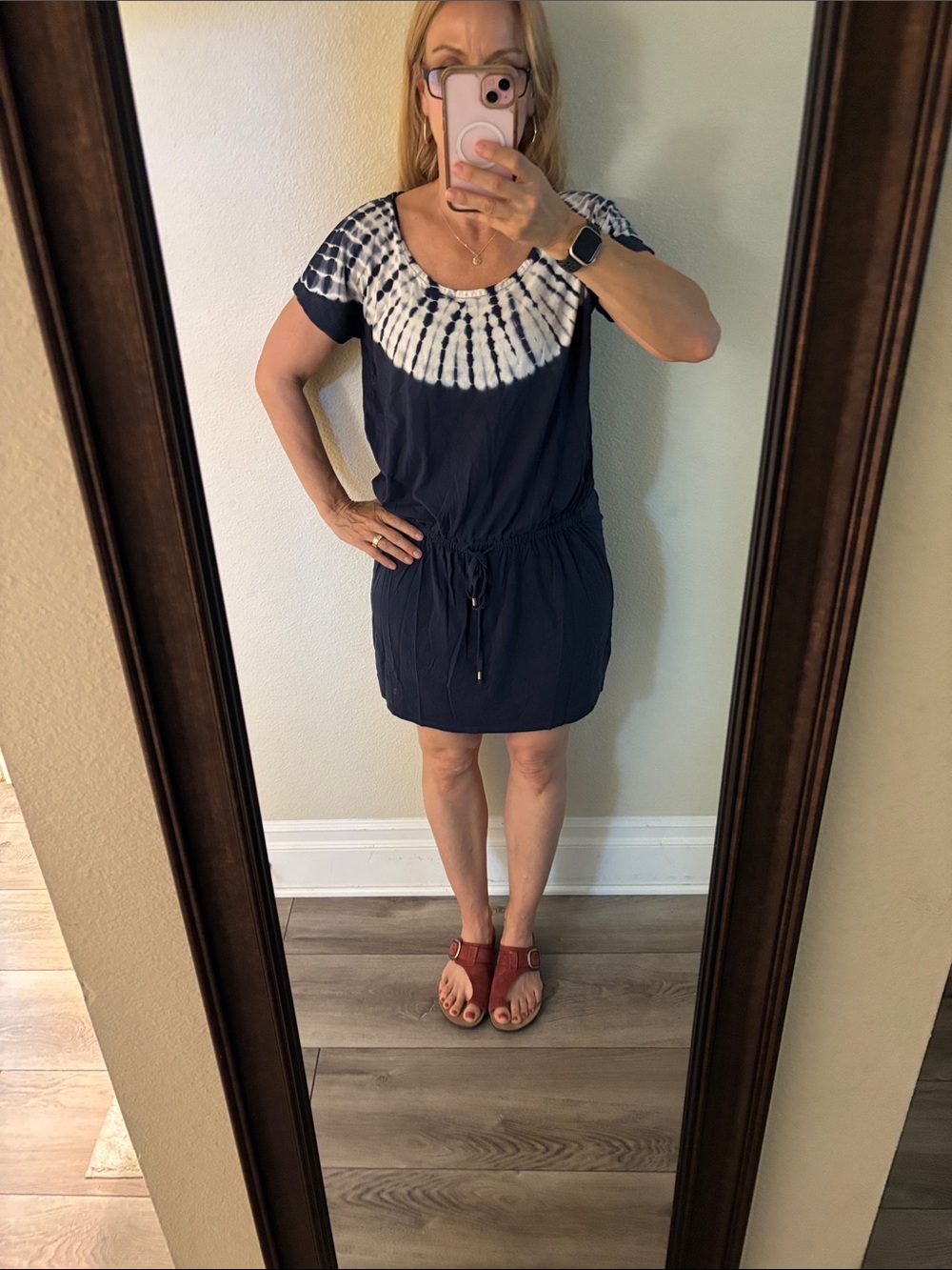 Michael Kors Navy and White Tie-Dye Yoke Women's Swim Coverup Dress